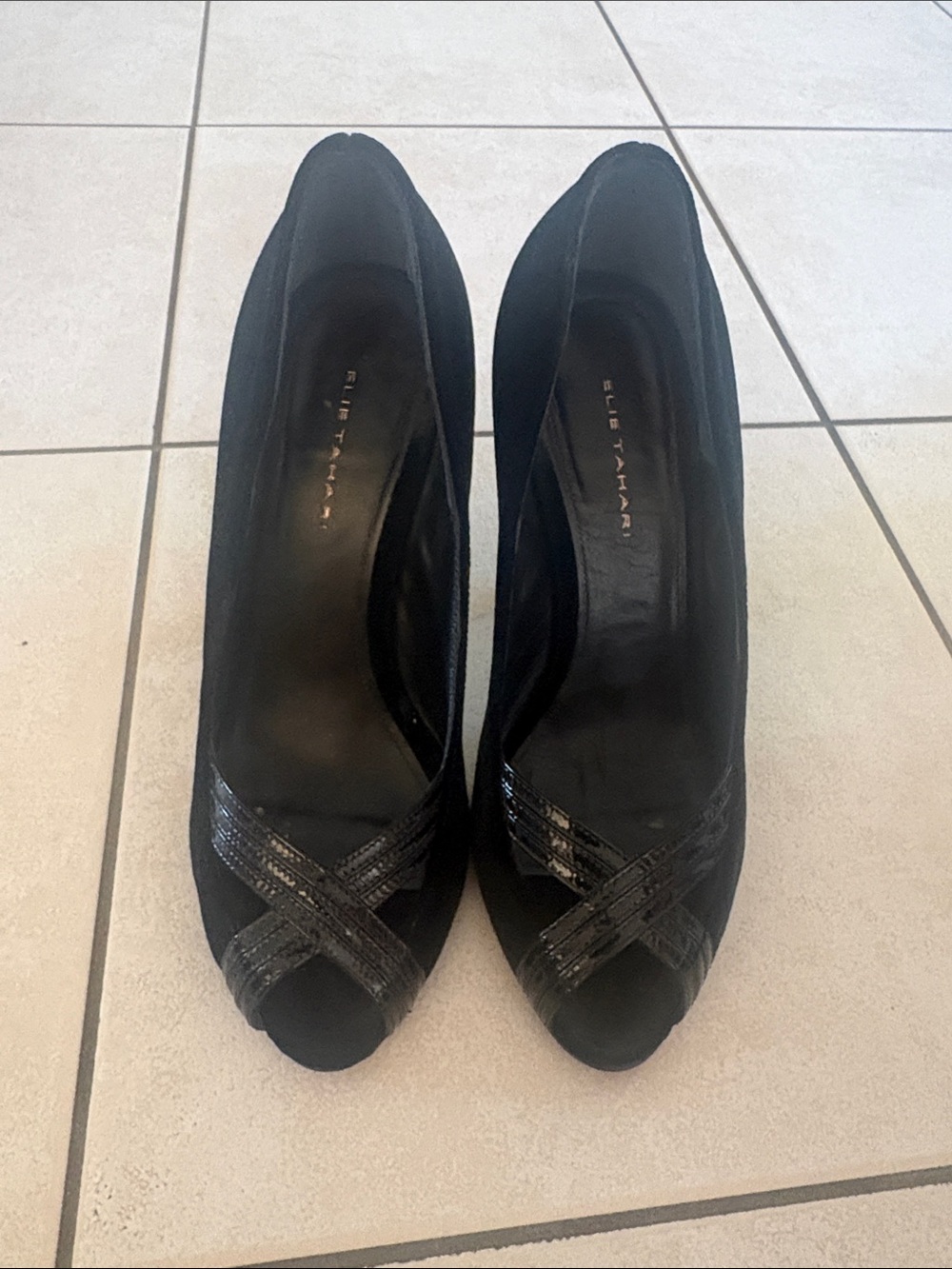 Elie Tahari Black Velvet Peep-Toe Pumps with Cross Strap Peep Toe
